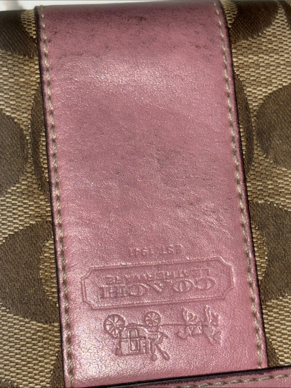 Coach Brown Signature Canvas Wallet with Pink Trim